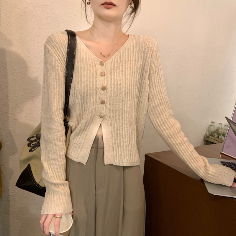 Autumn Korean style loose V-neck solid color design 6 wool knitted long-sleeved cardigan sweater jacket