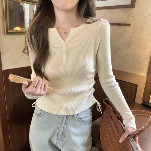 Autumn Korean style slim-fitting solid color pleated design knitted long-sleeved bottoming sweater for women