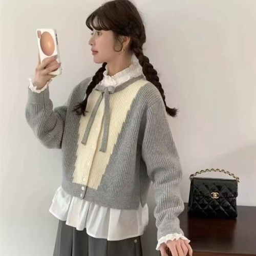 Autumn and winter new Korean wool lace-up bow sweater coat knitted cardigan for small people to wear