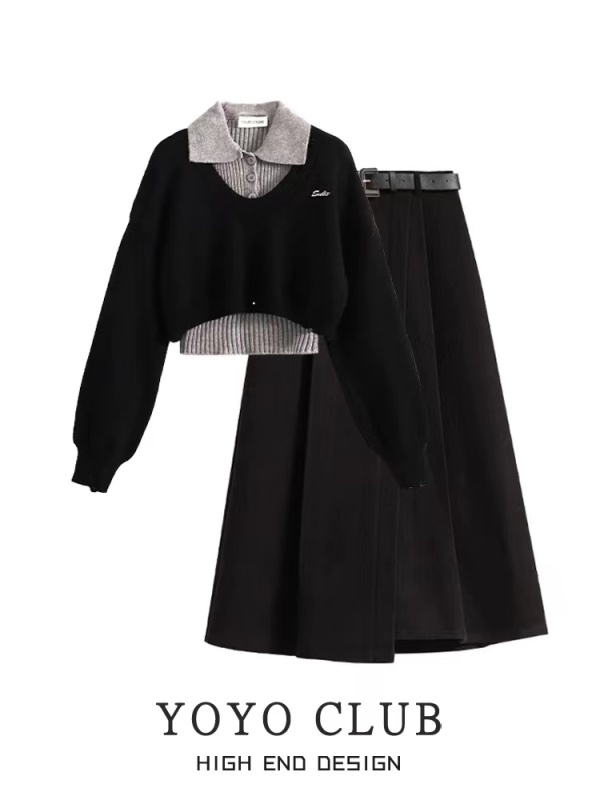 Plus size women's retro short sweater two-piece winter woolen skirt preppy suit