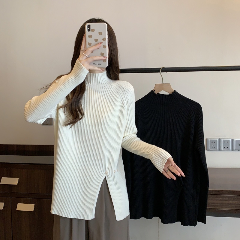 Large size autumn and winter thickened half turtleneck slit sweater knitted bottoming shirt lazy style versatile slimming top
