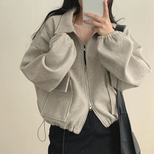 Korean chic autumn and winter French age-reducing lazy loose double pocket zipper lapel drawstring waist short coat for women