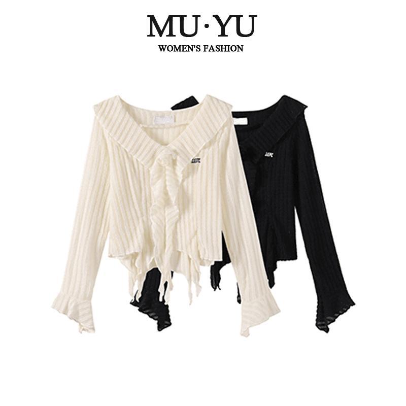Pure desire style irregular long-sleeved top for women in autumn new French design three-dimensional flower ruffled sweater