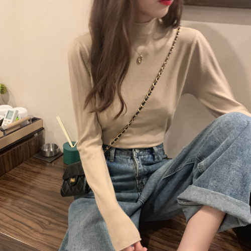 Autumn style new slim striped sweater for women, half turtleneck, long sleeves, thin bottoming sweater, trendy