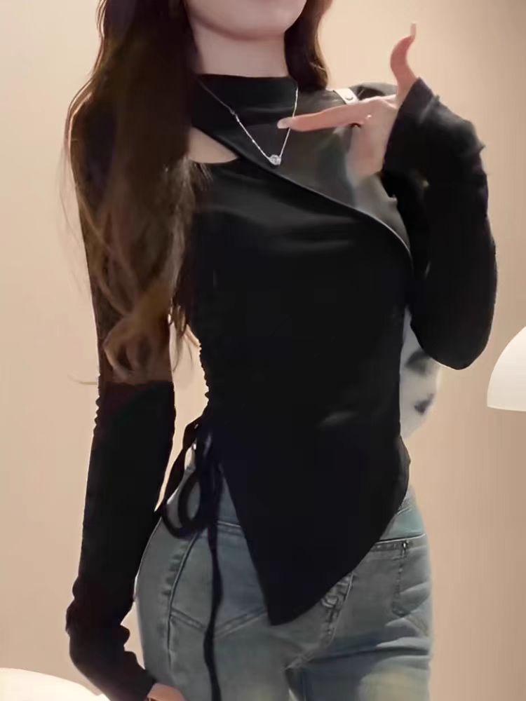 Hollow fashionable stand-up collar shoulder T-shirt for women spring and autumn slim long-sleeved bottoming shirt hot girl ins irregular pleated top