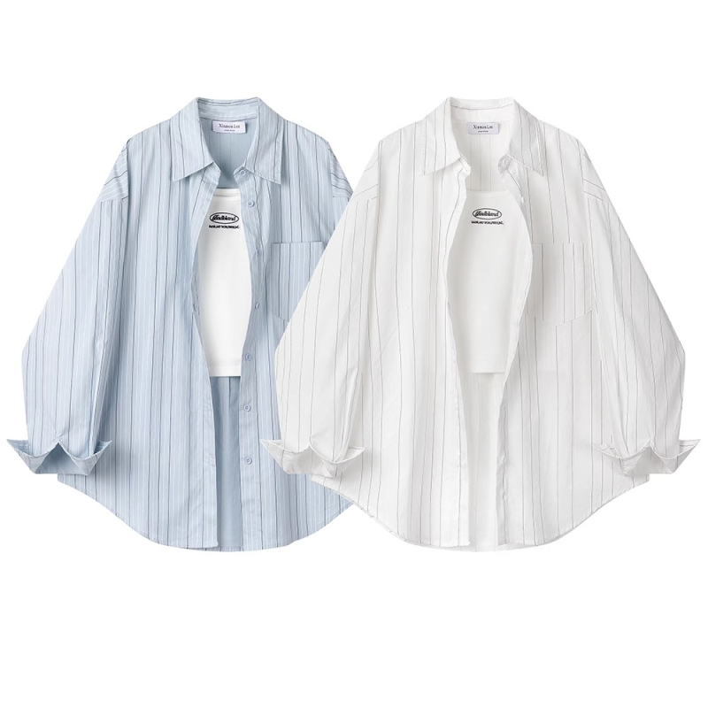 Original pure cotton large size 260 pounds popular striped polo collar long-sleeved shirt spring and autumn style