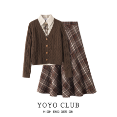 Autumn suit for women 2024 new Korean college style knitted fake two-piece top and plaid skirt two-piece set