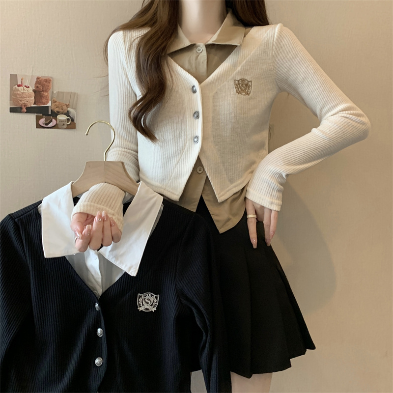 Plus size autumn new design fake two-piece slim college style long-sleeved Polo collar sweater top