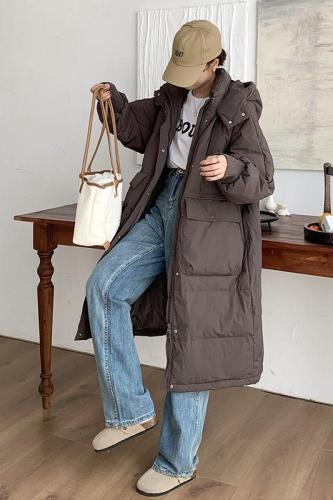 2024 winter new style mid-length down cotton coat for women Korean style large pocket hooded loose thickened ins cotton coat