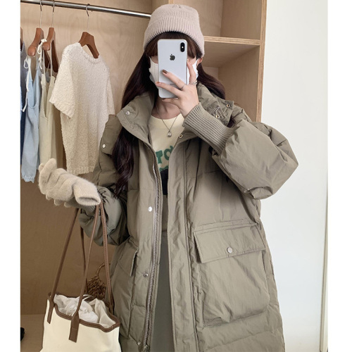 2024 winter new style mid-length down cotton coat for women Korean style large pocket hooded loose thickened ins cotton coat