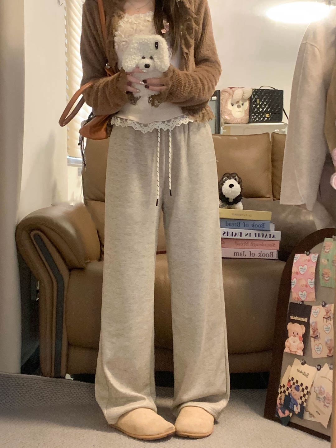 Actual shot of new velvet thickened glutinous rice pants elastic waist drawstring casual wide leg pants