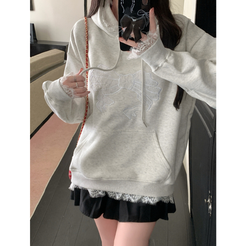 Real shot Chinese cotton composite lace hooded sweatshirt for women spring and autumn thin bow embroidery