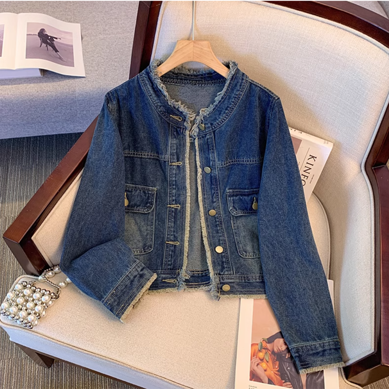 Dark blue retro raw edge denim jacket for women spring and autumn short 2024 new loose and versatile Hong Kong style jacket top