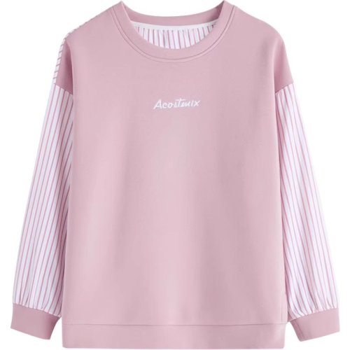 Original workmanship pink round neck sweatshirt for women 2024 new autumn coat splicing loose pullover top