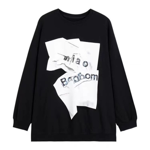 Black round neck sweatshirt for women 2024 new loose spring and autumn jacket mid-length style