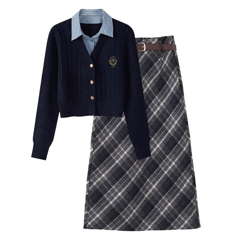 Autumn suit for women 2024 new large size fashionable college style fake two-piece sweater plaid skirt two-piece set