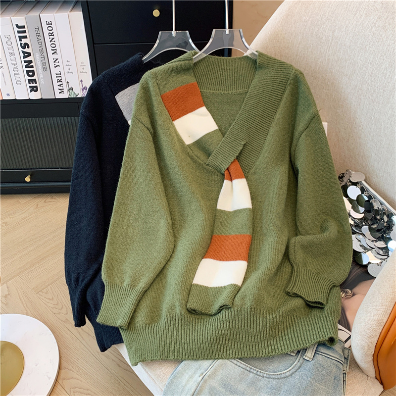 Tea-like V-neck sweater for women in autumn and winter plus size fat mm slimming autumn wear sweater with milky top
