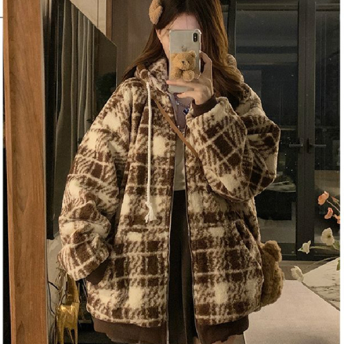 2024 winter new Korean style cute loose small fragrant imitation lamb wool plaid sweatshirt for men and women outer student sets