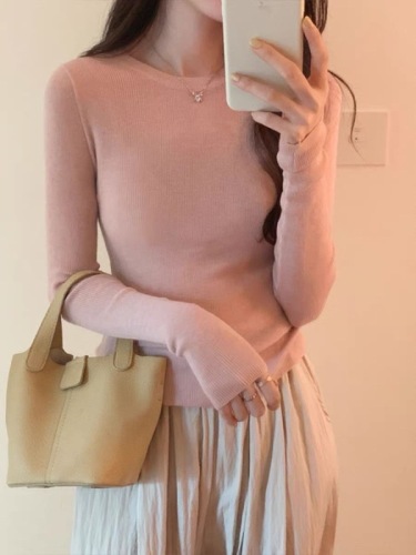 Mint Mambo style slim-fit pullover bottoming sweater for women in spring and autumn with round neck and right shoulder long-sleeved top