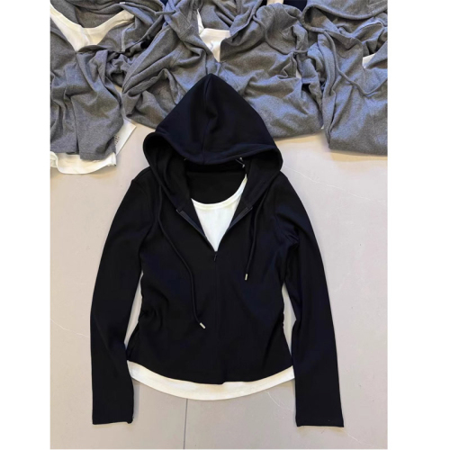 Half-zip hooded side pleated fake two-piece sweatshirt for women early autumn 2024 casual versatile top