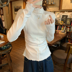 Actual shot of autumn and winter Korean style slim-fitting half-open collar fungus pleated slimming pure cotton bottoming long-sleeved T-shirt top