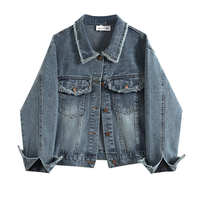 American style raw edge short denim jacket for women with petite niche design Hong Kong style retro chic top trendy