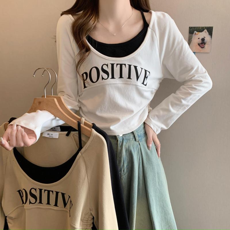 Plus size women's fake two-piece long-sleeved T-shirt women's autumn and winter new versatile slimming letter printed top