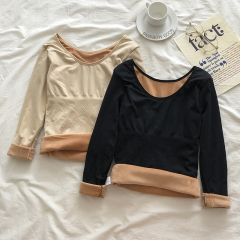 實拍 冬季大圓領加絨加厚保暖打底上衣女修身長袖