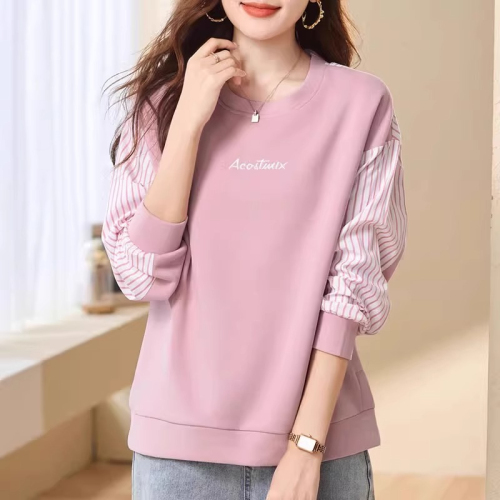 Original workmanship pink round neck sweatshirt for women 2024 new autumn coat splicing loose pullover top