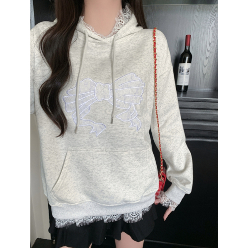 Real shot Chinese cotton composite lace hooded sweatshirt for women spring and autumn thin bow embroidery