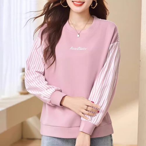 Original workmanship pink round neck sweatshirt for women 2024 new autumn coat splicing loose pullover top