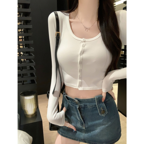 Real shot of rayon 2*2 260g European and American ins style single-breasted slim long-sleeved T-shirt for hot girls