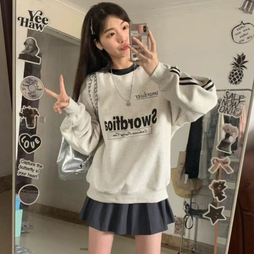 American retro three-stripe round-neck sweatshirt for women in autumn and winter plus velvet design niche college style hooded pullover top