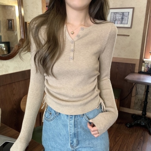 Autumn Korean style slim-fitting solid color pleated design knitted long-sleeved bottoming sweater for women