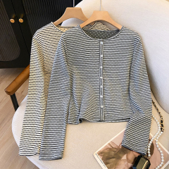 Lazy style striped long-sleeved T-shirt for women 2024 autumn Korean version loose and versatile contrasting color round neck cardigan top for little people