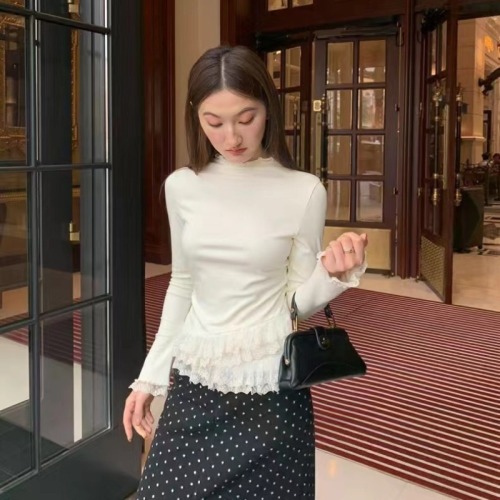 Canticle atmosphere is full of fragrance! Lace drawstring half high neck undershirt new style brushed 