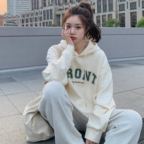 Real shot of velvet trendy brand oversize hooded sweatshirt for women in autumn and winter, velvet thickened top trend