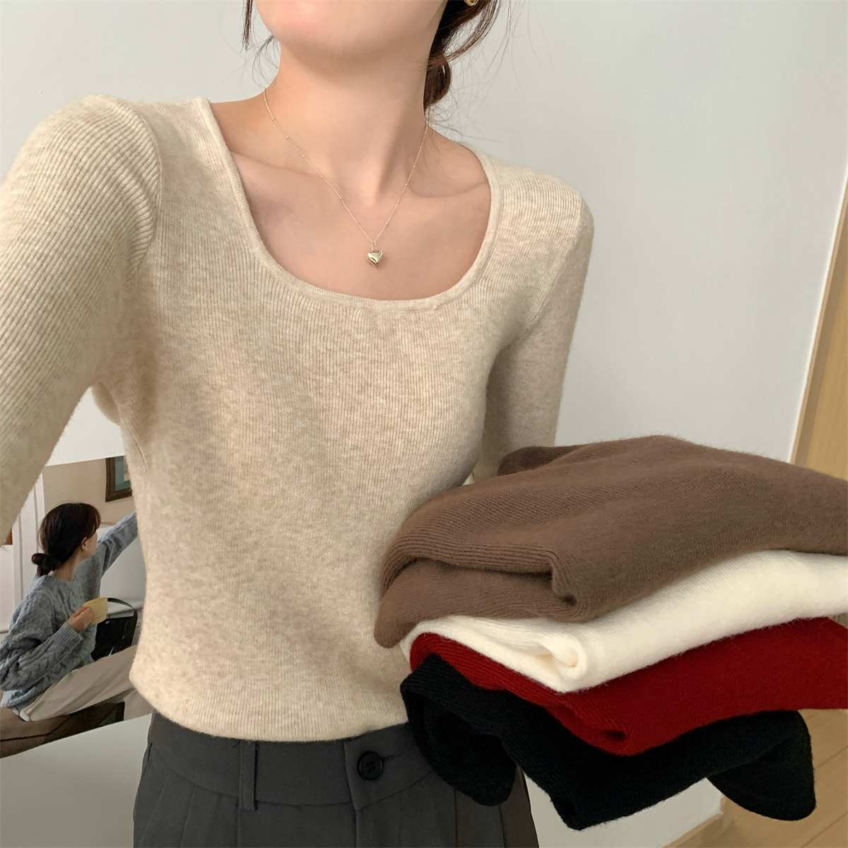 Actual shot of autumn and winter Korean style square collar versatile simple Andy velvet sweater long-sleeved bottoming sweater top for women