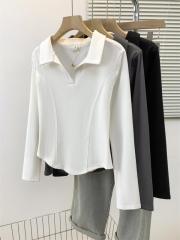 2024 Autumn Fat MM Plus Size Long Sleeve Polo Neck Hot Girl Tops Ladies Clothes