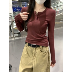 Actual shot of autumn and winter Korean style slim square collar button design versatile long-sleeved inner bottoming T-shirt top for women