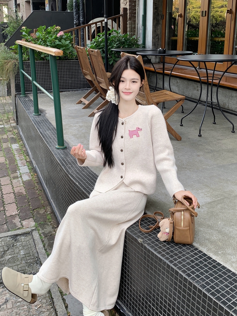 Photographed 2024 Autumn/Winter New Korean Style Embroidered Dog Cardigan Knit Cardigan + High-Waist Long Skirt Set for Women