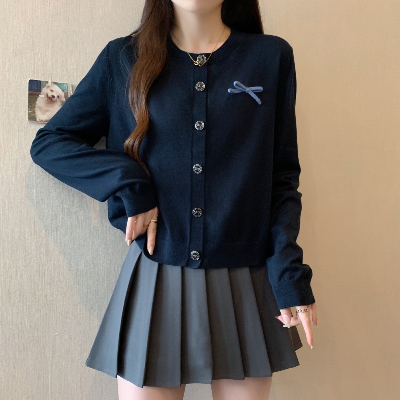 Large size fat mm small fragrant style knitted cardigan jacket for women 2024 autumn new navy blue sweater top