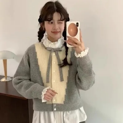 Autumn and winter new Korean wool lace-up bow sweater coat knitted cardigan for small people to wear