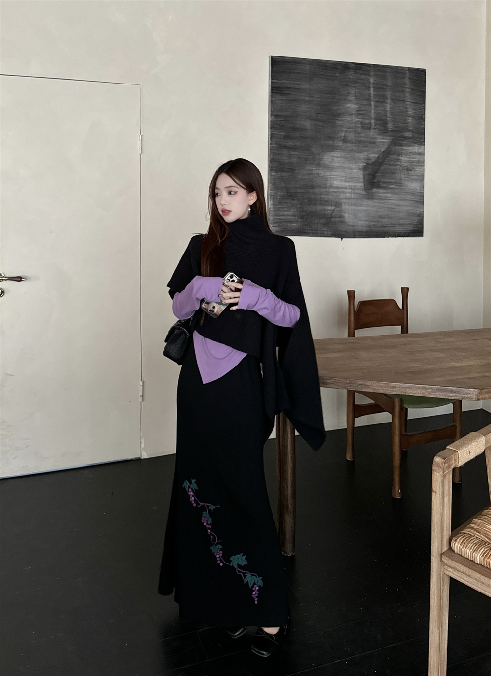 Shot~ Designers' Style Cardigan Knit Top + Grape Print Skirt
