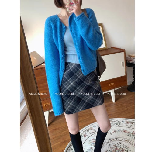 Retro woolen hip-hugging skirt for women 2024 autumn and winter plaid skirt with temperament and slimming a-line skirt