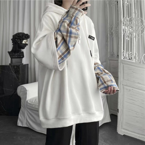 Fake two-piece Korean style loose lazy style pullover top autumn new casual trendy hooded sweatshirt