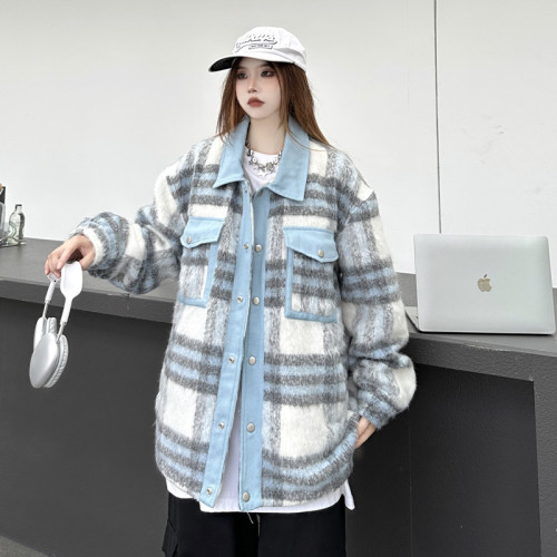 Long wool plaid coat women's autumn and winter new loose high street contrasting color stitching lapel jacket