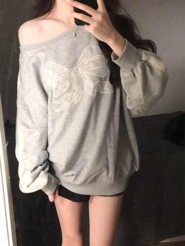 Pure cotton Chinese cotton lazy style slanted shoulder lace bow gray sweatshirt for women