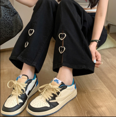 Hot girl with pear-shaped figure, millennial style love slit jeans, women's large size high waisted wide leg loose slimming bootcut pants