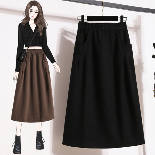 2024 Autumn and Winter Large Size Stretch Skirt Simple and Versatile Slim Casual Loose H-Line Skirt Long Skirt Mid-Waist Women